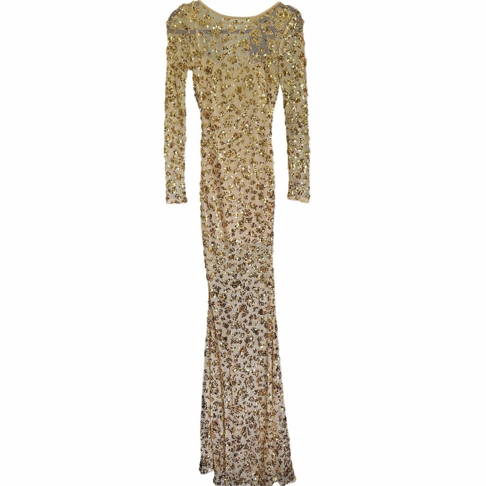 Faeriesty Gold Sequin Long Sleeve Maxi Dress Sheer Floor Length Size XS